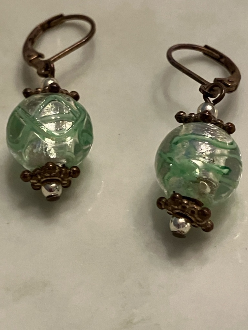 Green Glass Bead Drop Earrings - Unbranded
